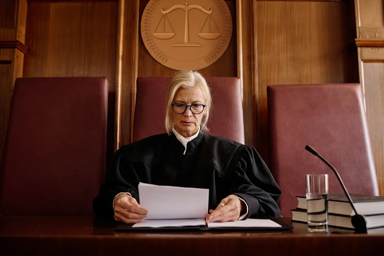 Elderly judge in a courtroom, focused on reading documents. Wearing glasses and a robe, she sits before a scale emblem, with law books nearby.