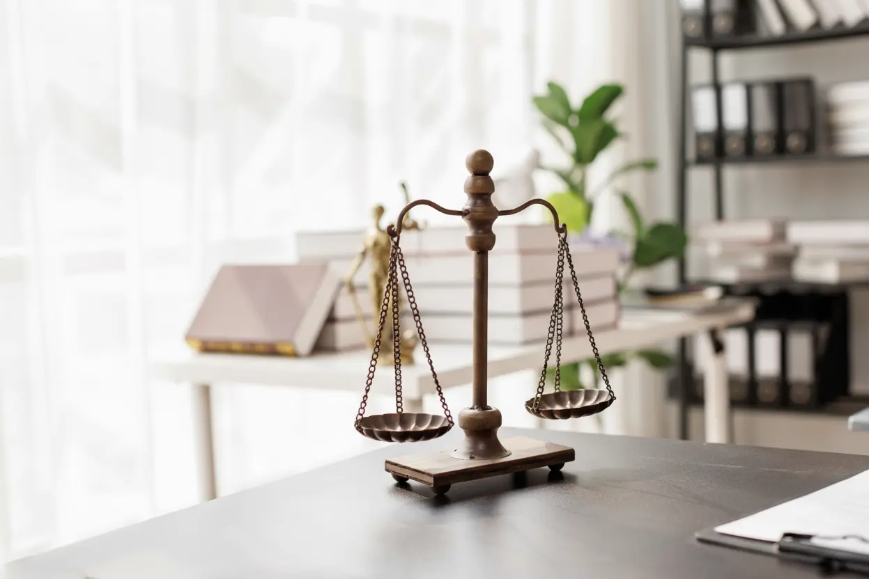BusinessImage A bronze balance scale on a desk, symbolizing justice, in a bright office with books, binders, and a plant in the background.